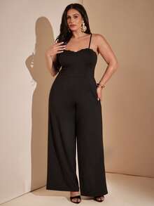 SHEIN BAE Plus Size Black Lace Patchwork Long Jumpsuit With Cup Elegant Sexy Notched Neck Slim Fit For Women Party Evening Cocktail Date Night Summer - Black - View 8