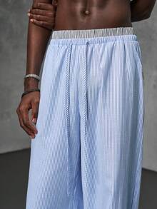 NEON BLANC Men's Slate Blue Wide Leg Pants, Drawstring Waist Loose Fit Streetwear - Blue and White - View 6
