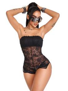 AltBold 1pc Lace Patchwork Bodysuit - Black - View 4