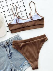 SHEIN Swim 女款夏季海灘純色性感時尚比基尼兩件式泳衣套裝 巧克力棕色 - 棕色 - 查看 3