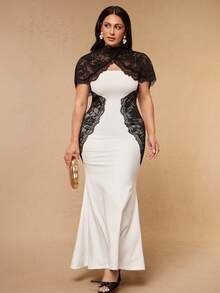 SHEIN BAE CURVE Plus Size Women's Black Lace Patchwork Long Dress, Cover-Up Top Set Evening Wedding Summer Formal Elegant - White - View 4