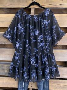 Rusticease Plus Size Women's Floral Print Loose Top With Ruffle Hem For Vacation - Multicolor - View 2