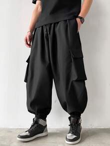 Manfinity Hypemode Plus Size Men's Loose Fit Cargo Pants With Drawstring Waist Vacation Holiday All Black Autumn Street - Black - View 1