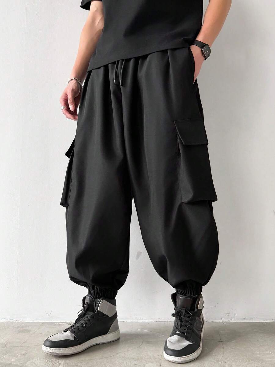 Manfinity Hypemode Plus Size Men's Loose Fit Cargo Pants With Drawstring Waist Vacation Holiday All Black Autumn Street - Black - View 1