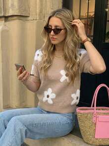 Flora Isola Flora Isola Spring/Summer Casual Romantic Commute Elegant Women's Solid Color Short Sleeve Round Neck Pullover Jacquard Floral Knit Top For Office Brunch - Khaki - View 4