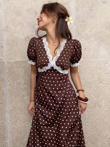Pariaura Vestido de satén con lunares marrones de estilo retro francés, vestido midi con cuello en V y cintura ceñida para mujer, vestido de té con elegante estilo de resort, vestido de lunares marrones, vestido de lunares para mujer, vestido de lunares elegante - Marrón - Ver 5