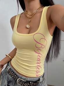 Fiercella Fiercella 女士黑色百搭通勤U领银色英文字母印花街头风修身性感返校吊带背心，春夏款 - 黃色 - 查看 4