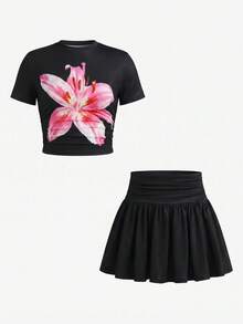 SHEIN 青少年女孩 2件組夏季可愛休閒黑色碎花裙套裝 - 黑色 - 查看 3