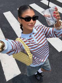 Muchica Multi-Color Striped Women's Button Half-Placket Long Sleeve Sweater - Multicolor - View 5