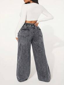 SHEIN SXY Celana Jeans Denim Kasual Wanita Ukuran Besar dengan Tali Serut di Pinggang dan Saku, Model Lebar dan Rusak. - Light Grey - View 2