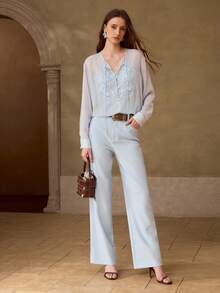 MOTF PREMIUM CHIFFON EMBROIDERY FLORAL TIE NECK SEMI-SHEER TOP - Blue - View 5