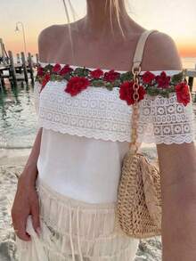 Flora Isola Flora Isola Blusa de verano de una pieza, holgada y con hombros descubiertos, para vacaciones y uso casual, con bordado de rosas rojas intensas y ribete de encaje con volantes - Blanco - Ver 5