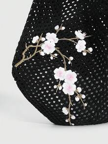 ROMWE Kawaii 1件時尚針織單肩包，黑色鏤空梅花刺繡單肩包，適合日常穿搭 - 黑粉色 - 查看 7