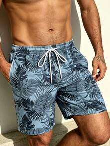 Manfinity Swimmode Shorts de playa con cordón en la cintura y estampado de plantas tropicales para hombre talla grande - Gris - Ver 4