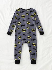 BATMAN X SHEIN GraphicGems 春夏男嬰卡通酷 Logo 圖案長袖長褲針織高彈力針織面料修身舒適連身衣居家服爬行衣，適合居家與戶外穿著 - 灰色 - 查看 2