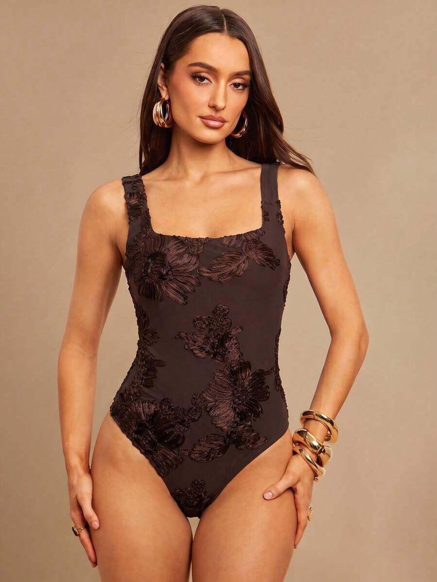 Silquee Women's Elegant Jacquard Knit Bodysuit - Burgundy - View 1