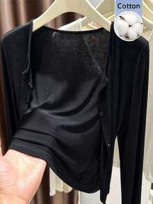 EMERY ROSE Women's Solid Color Casual Versatile Daily Outing Cardigan - Black - View 1