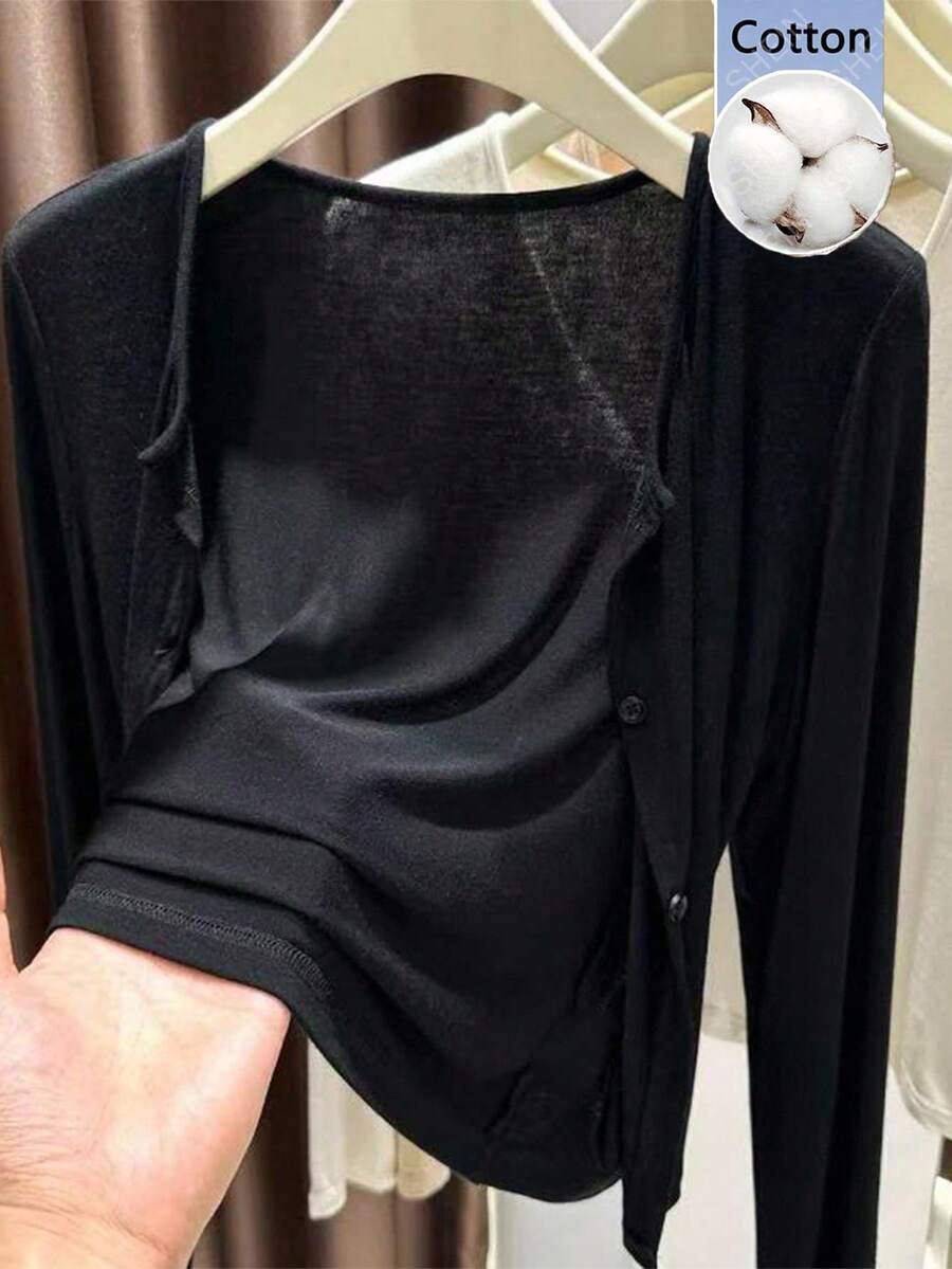 EMERY ROSE Women's Solid Color Casual Versatile Daily Outing Cardigan - Black - View 1