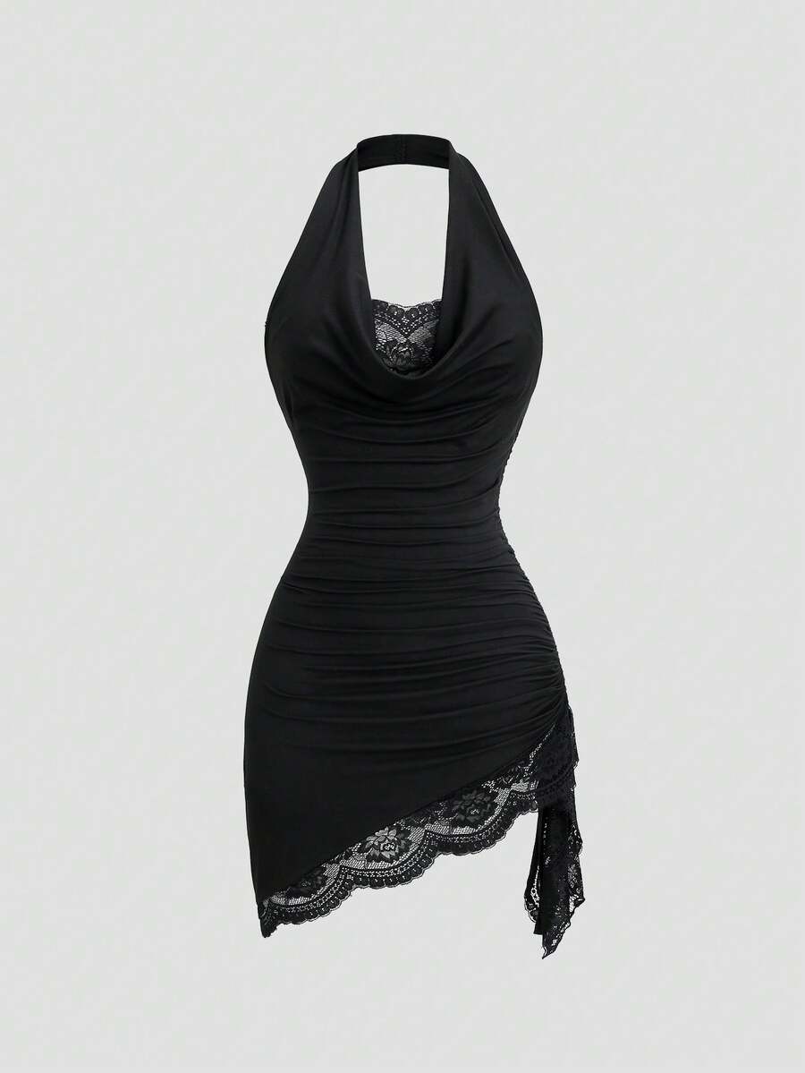 Sweetra Y2K Sexy Lace Patchwork Halter Neck Drawstring Asymmetrical Hem Elegant Vacation Slimming Dress - Black - View 1