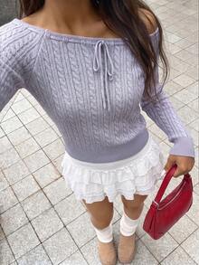Autumina Simple Sweet Women's Summer Light Blue Off-Shoulder Tie Bow Fitted Knit Sweater Top - Baby Blue - View 5