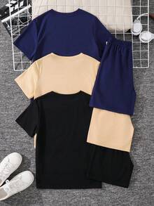 SHEIN 6件組買3送3兒童青少年男孩休閒寬鬆字母圖案圓領T恤短褲套裝，黑色T恤套裝、藍色T恤套裝、卡其色T恤套裝，男孩套裝，適合春/夏、情人節、約會、夏季穿搭、家庭聚會、開學季、婚禮季、運動、生日派對 - 彩色 - 查看 6