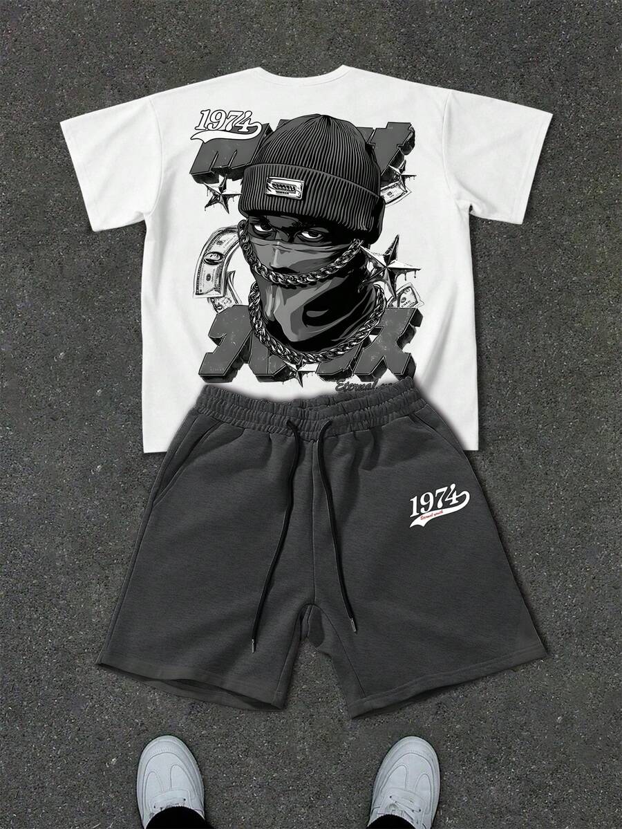 Manfinity EMRG Conjunto de camiseta con estampado de personaje vintage de calle y pantalones cortos con cintura de cordón para hombre - Multicolor - Ver 1