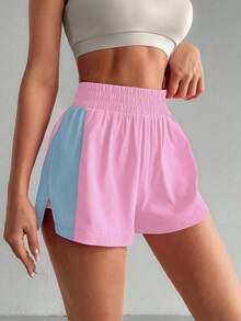 SHEIN Sovereign Charm 女款彈性腰拼色休閒百搭日常旅行運動短褲 - 粉色 - 查看 5