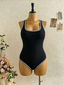 Swim Lushoire بدلة سباحة قطعة واحدة للنساء ذوات الأحجام الكبيرة بياقة مربعة مكسرة باللون الأسود، ملابس عطلة شاطئية عصرية، فستان حفلة، ملابس سباحة أنيقة للسيدات، ملابس منتجع للنساء - الأسود - مشاهدة 7