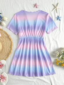 Tween Girls Colorful Gradient Pattern Printed Mesh Cover-Up, Random Print Sun Protection Cover-Up, Suitable For Beach, Vacation, Travel, Summer - Multicolor - View 2