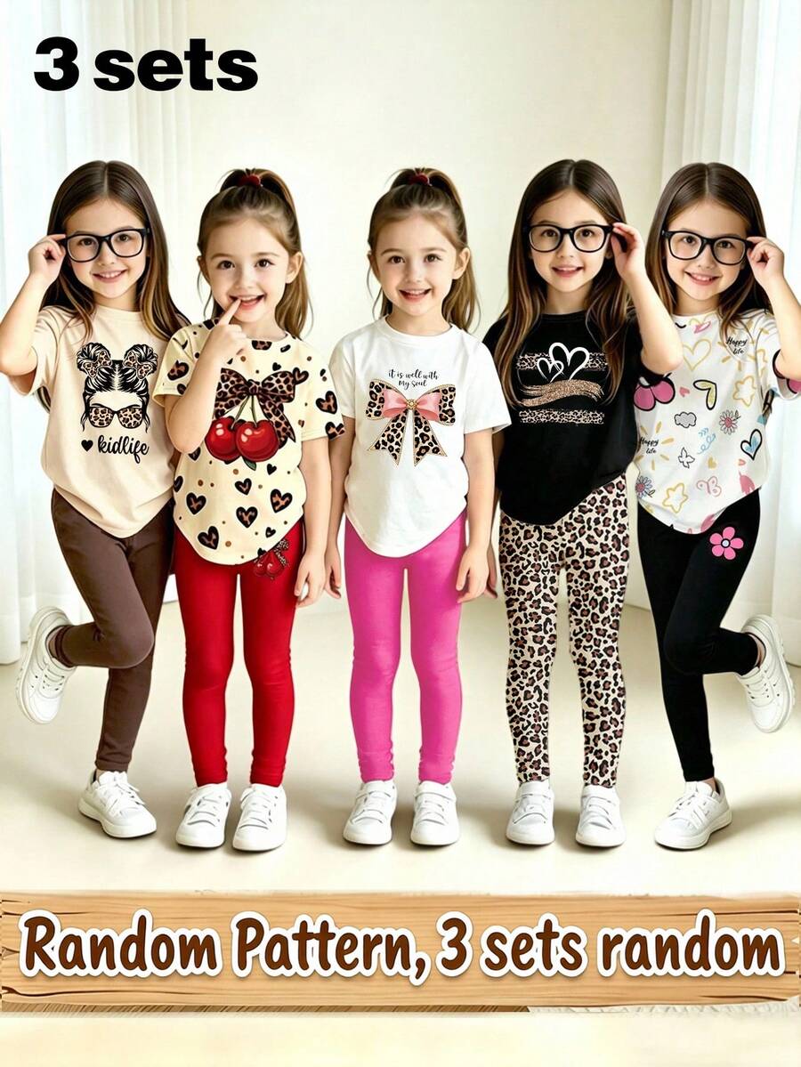 3 Sets Random Summer Girls' Leopard Pattern Love Maruko Head Cool Girls' Bow Pattern Printed Basic Short T Plus Bottom Pants Set Random Pattern - Multicolor - View 1