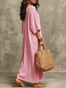 SHEIN Holidaya 女款休閒優雅度假條紋亞麻棉混紡洋裝 - 紅色 - 查看 2