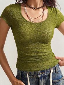 Bohemela T-shirt de malha casual de cor lisa para mulher - Verde Azeitona - Ver 2
