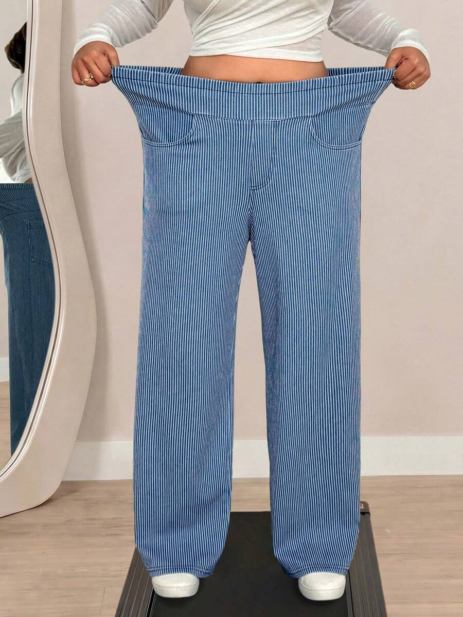 Flexra Plus Size Women's Striped Denim Jeans Soft Mid-Blue Wash Stretch Pants - Light Wash - View 1