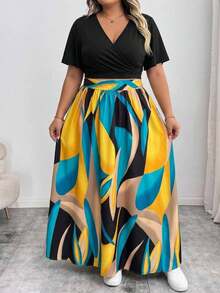 SHEIN CURVE+ Vestido de Talla Grande con Estampado de Bloques de Color y Patchwork - Multicolor - Ver 3