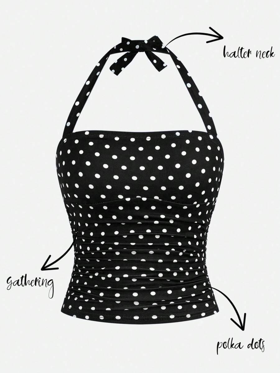 SHEIN Teen Girls Tank Tops & Camis, Spring/Summer New Knit Black Polka Dot Print Strapless Ruched Elastic Bow Bustier Slim Fit Top, All-Match, Daily, Versatile, Casual Vacation - Black - View 1