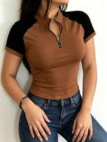 INAWLY Women's Stand Collar Zipper Half Placket Raglan Sleeve Slim Fit Short Sleeve T-Shirt - Multicolor - View 3