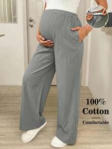 SHEIN Maternity Solid Color Adjustable Waist Wide Leg Loose Long Pants Spring Photoshoot Maternity - Light Grey - View 1