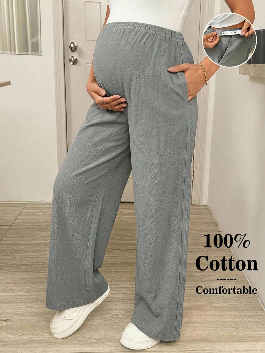 SHEIN Maternity Solid Color Adjustable Waist Wide Leg Loose Long Pants Spring Photoshoot Maternity - Light Grey - View 1