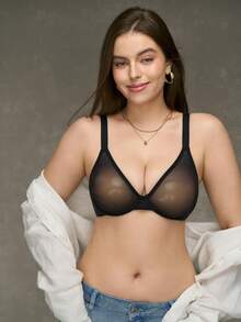 SHEIN Black Underwire Push-Up Balconette Bra With Mesh Panels, Lifting & Shaping, Comfy Casual Style For Young Women, Plus Size - Black - View 1