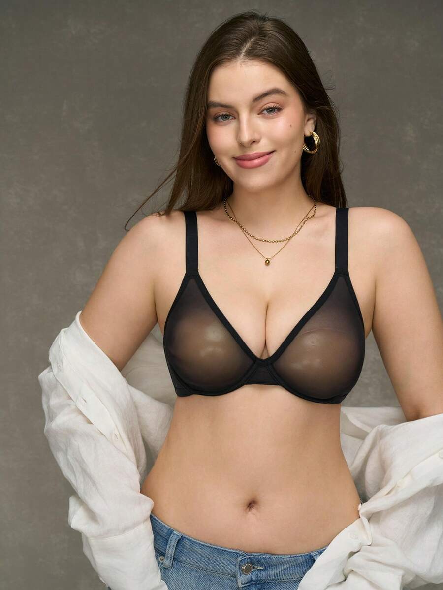 SHEIN Black Underwire Push-Up Balconette Bra With Mesh Panels, Lifting & Shaping, Comfy Casual Style For Young Women, Plus Size - Black - View 1
