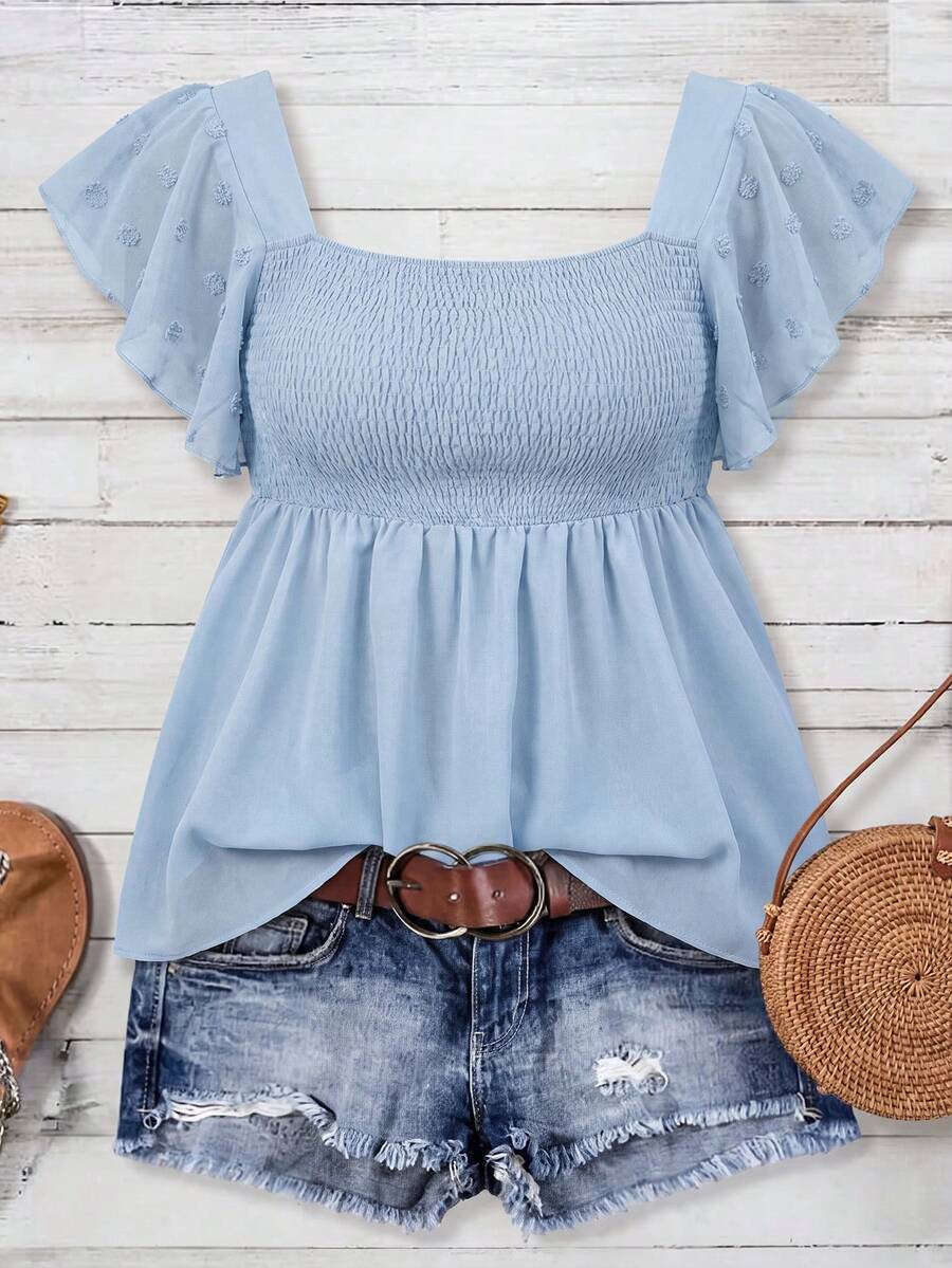 EMERY ROSE Women's Plus Size Square Neck Flutter Sleeve Casual Shirt - Baby Blue - View 1