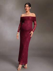 Cheriluna Maternity Maternity Off-Shoulder Long Sleeve Fitted Elegant Lace Photography Dress - Burgundy - View 6