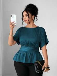 Elenzga Women's Plus Size Island Satin Round Neck Dropped Shoulder Cuffed Sleeve Wide Waist Center Ruched Back Elastic Gathered Short Hem Short Sleeve Blouse, Duck Blue, Elegant French Romantic Vintage Office Commute Business Casual Beach Vacation Street Style Minimalist Versatile Old Money Style Shirt, Wedding Season Valentine's Day Afternoon Tea Party Spring Summer New - Teal Blue - View 6