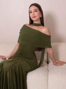 Duda Rubert 女士优雅褶皱不对称连衣裙，夏季婚礼宾客礼服 - 軍綠色 - 查看 4