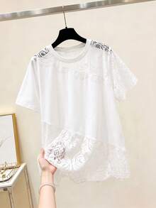 GlowEve CURVE Plus Size Women's Contrast Lace Round Neck Short Sleeve Casual T-Shirt - White - View 1