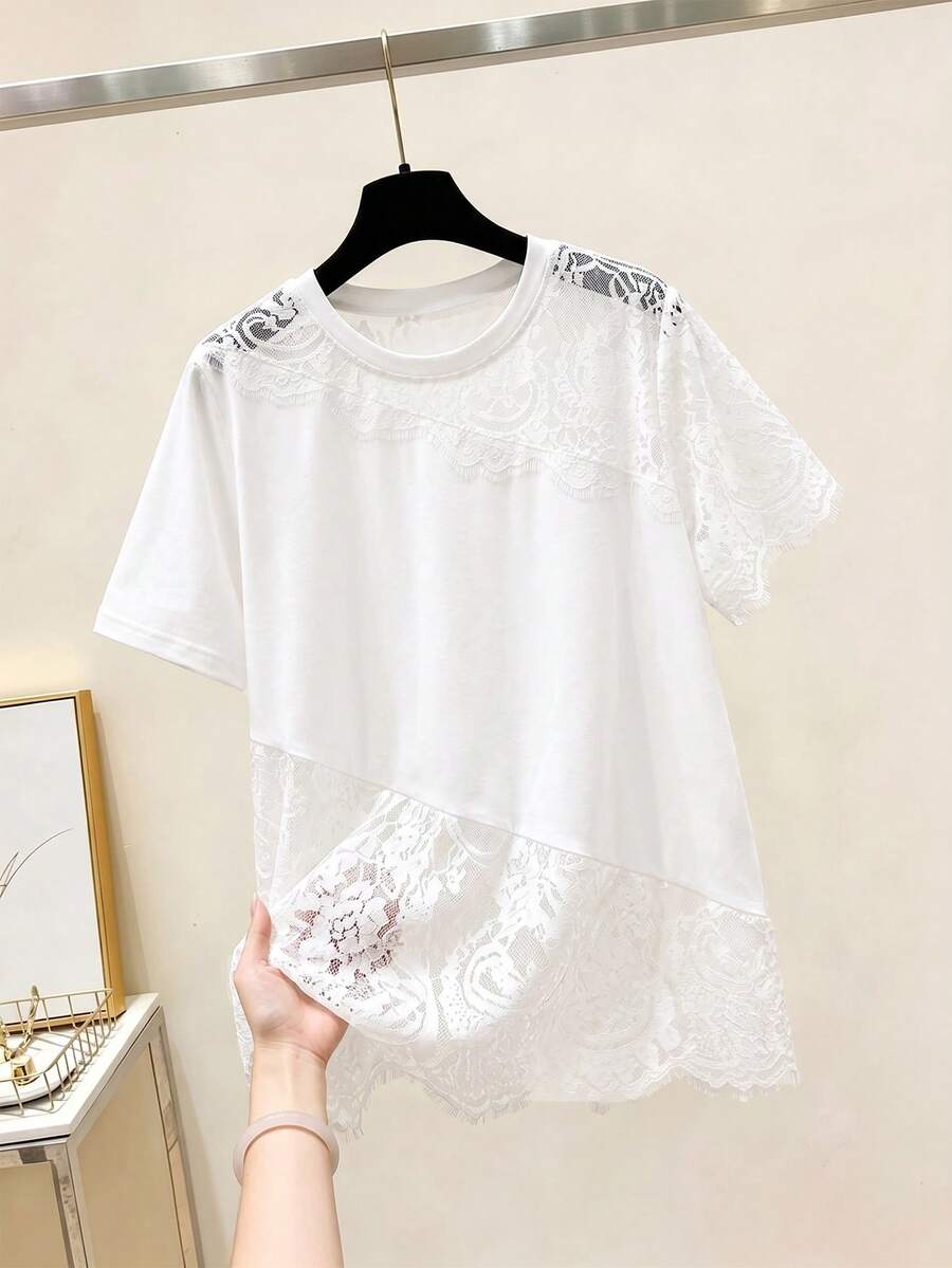 GlowEve CURVE Plus Size Women's Contrast Lace Round Neck Short Sleeve Casual T-Shirt - White - View 1