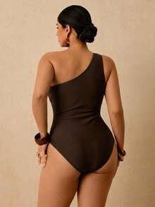 Travachic Plus Size Women's Solid Color Cutout Waist Knot One-Piece Swimsuit For Vacation Bathing Suit - Brown - View 5