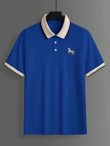 Calvornis 男士珠飾羅紋領刺繡短袖休閒 Polo 衫 - 寶藍色 - 查看 5
