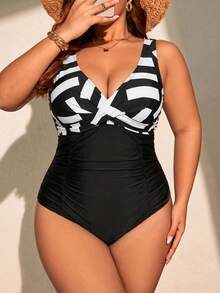 Swim Lushoire 2026 New Plus Size Women Geometric Print Ruched One-Piece Swimsuit Comfortable Support Black And White Summer Vacation Holiday Tropical Pool Party - Multicolor - View 1