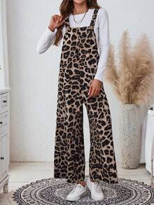 Comfylo Plus Size Leopard Print Wide Leg Jumpsuit - Brown - View 3